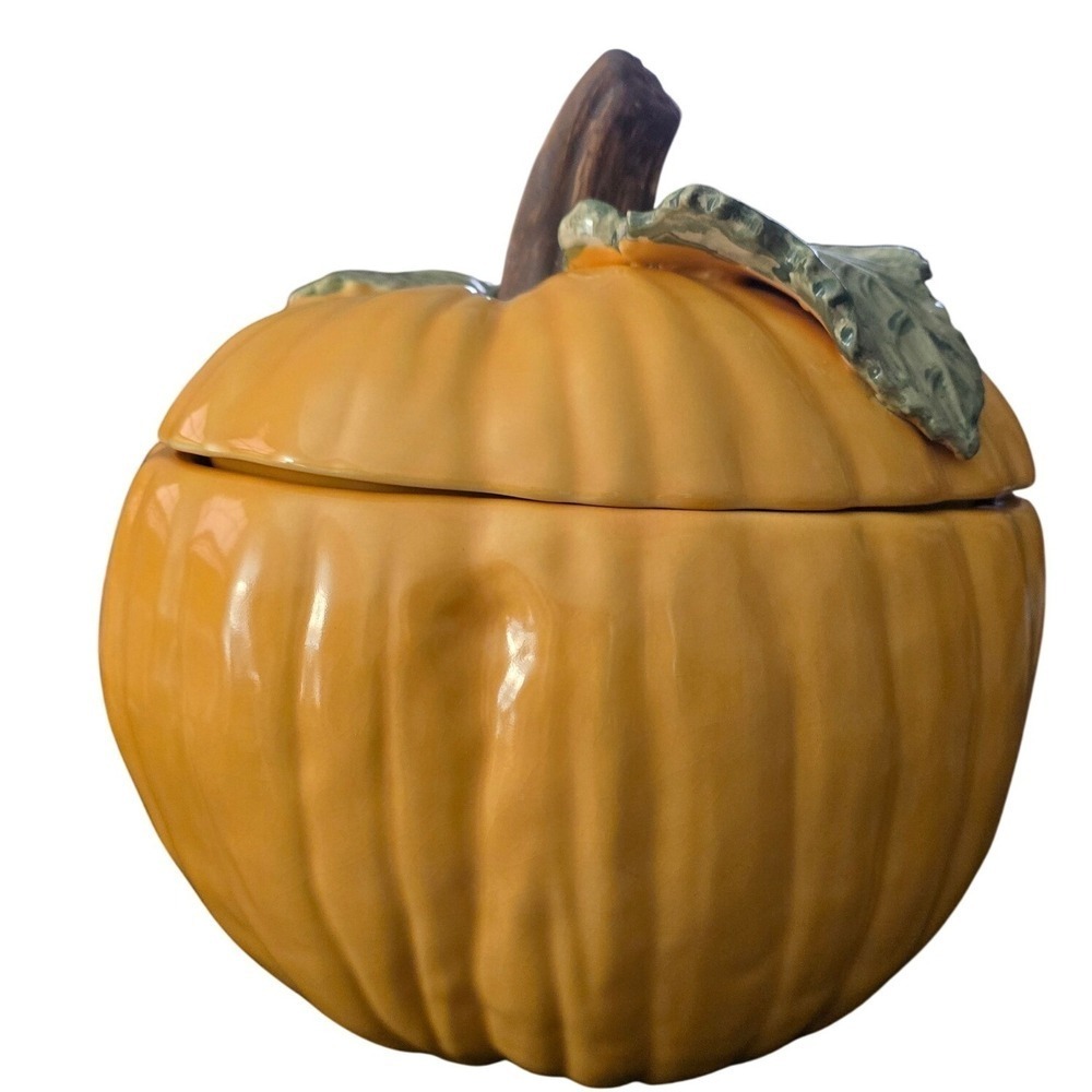 Williams Sonoma Pumpkin Tureen Lidded Serving Bowl Orange Ceramic Fall Harvest - Picture 4 of 11